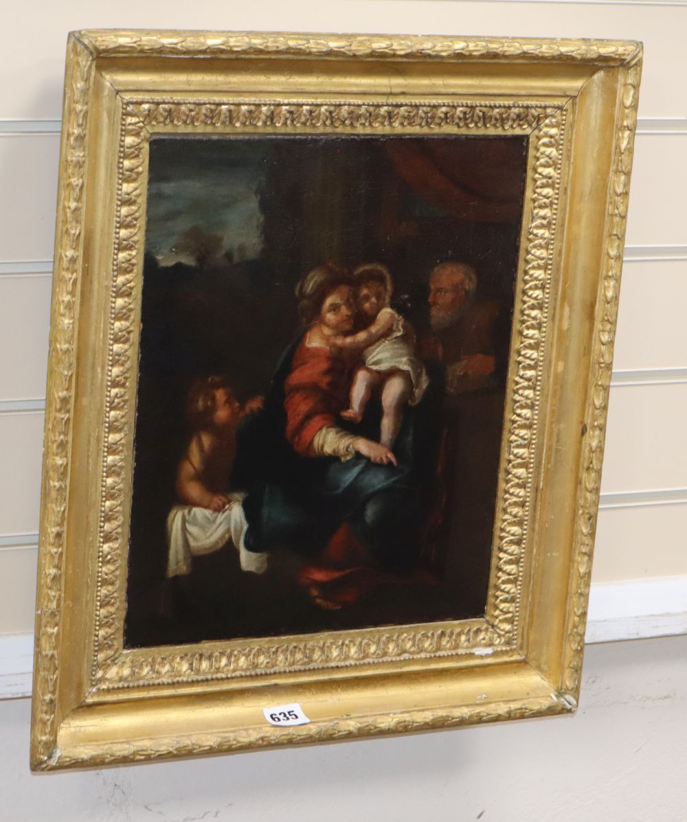 19th century Continental School, oil on canvas, Virgin and child with attendants, 38 x 30cm